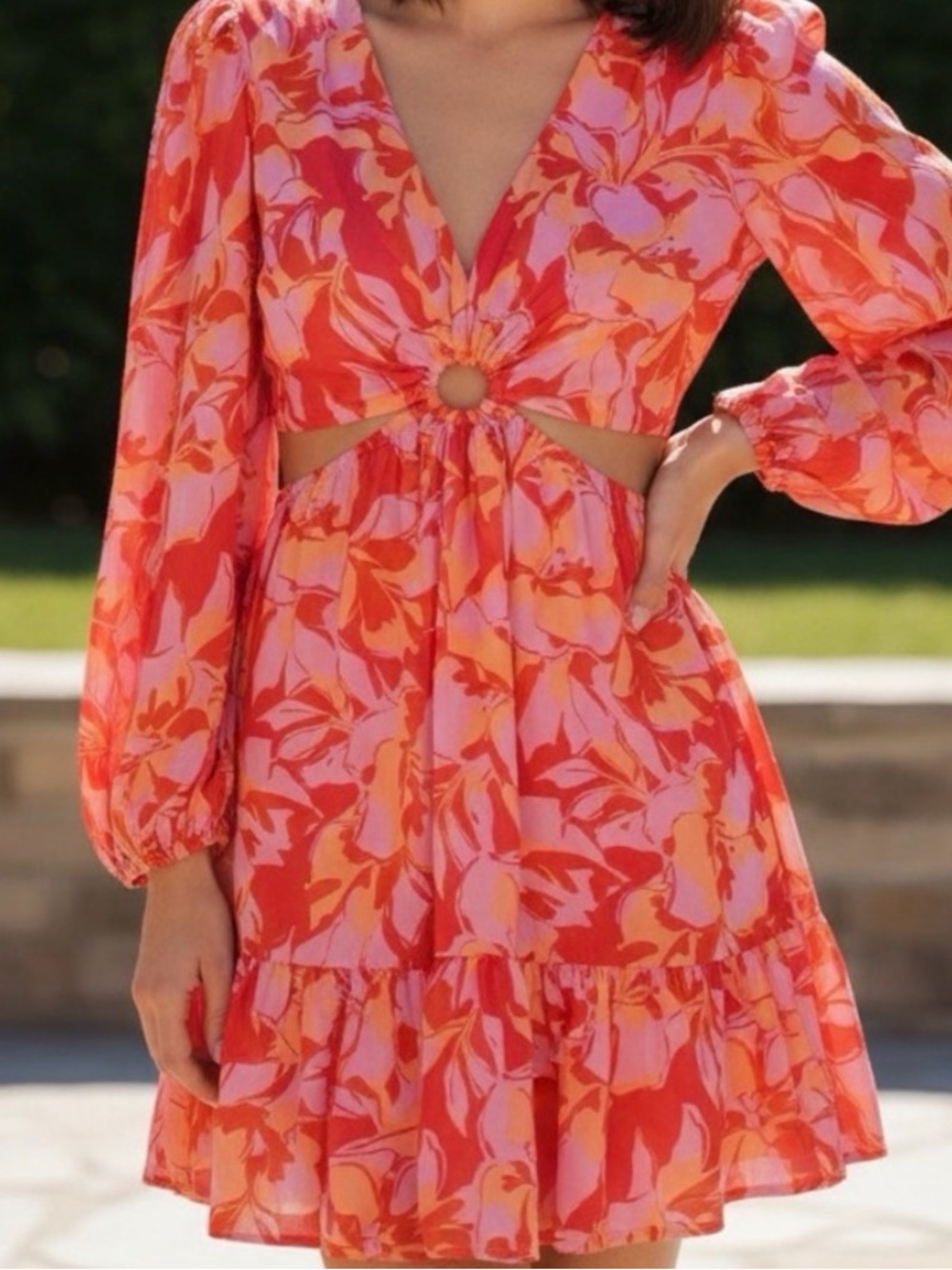 Jessica Simpson Floral CutOut Mini Dress Pink Red Orange O-Ring Size XS J363 - Picture 1 of 7